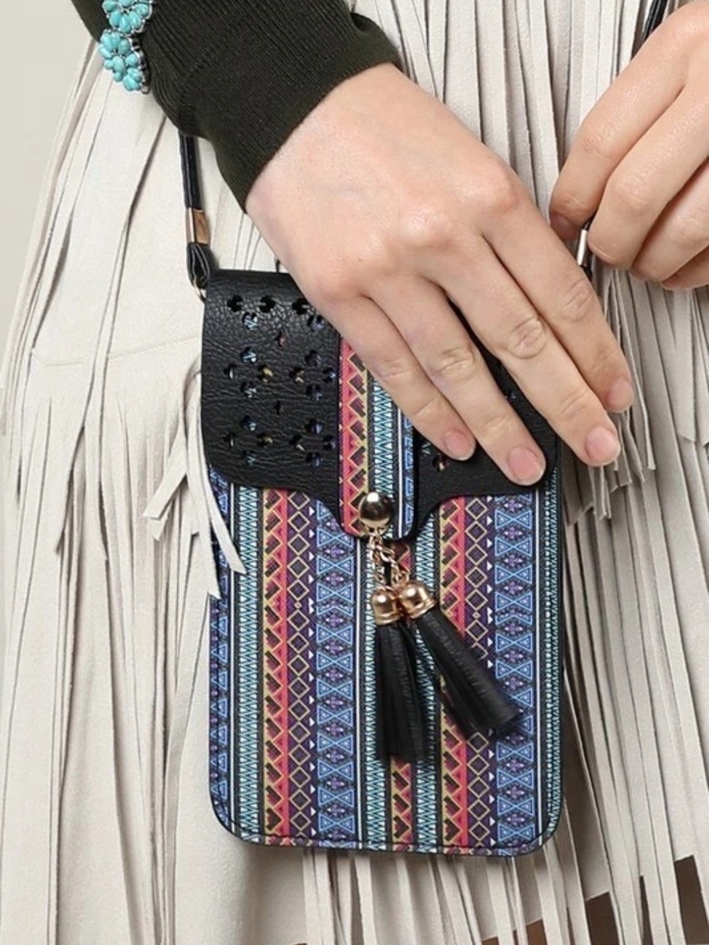 Bohemian Aztec Cellphone Crossbody Bag Purse Laser Cut Out Tassel Multicolor NEW - Picture 5 of 5